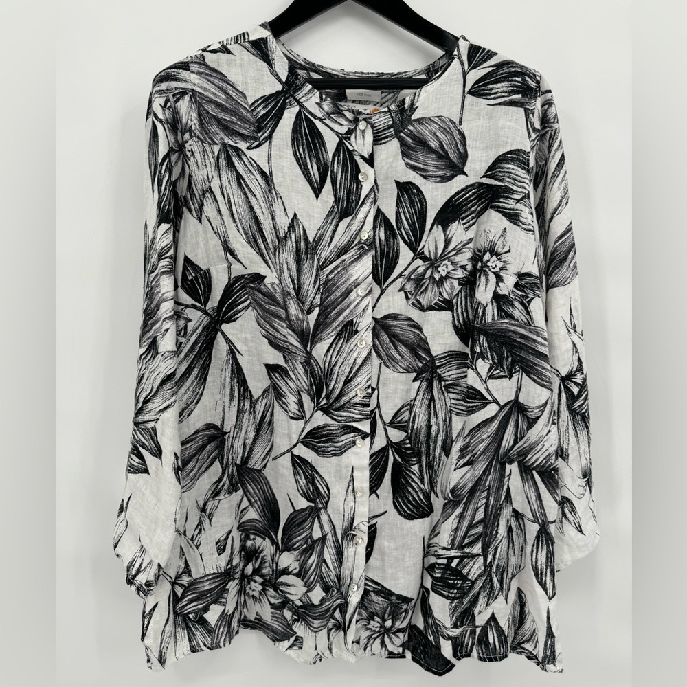 C&C California size‎ 1X 100% Linen Adjustable Sleeves EUC Floral Tropical Tunic